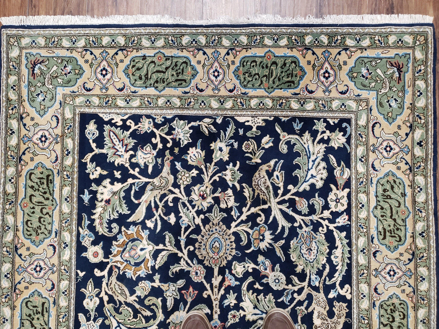 Persian Qum Tree Of Life Rug Hand Knotted Wool Midnight Blue And Tan With Poem Borders 4ft 8in By 7ft 8in
