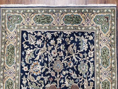 Persian Qum Tree Of Life Rug Hand Knotted Wool Midnight Blue And Tan With Poem Borders 4ft 8in By 7ft 8in
