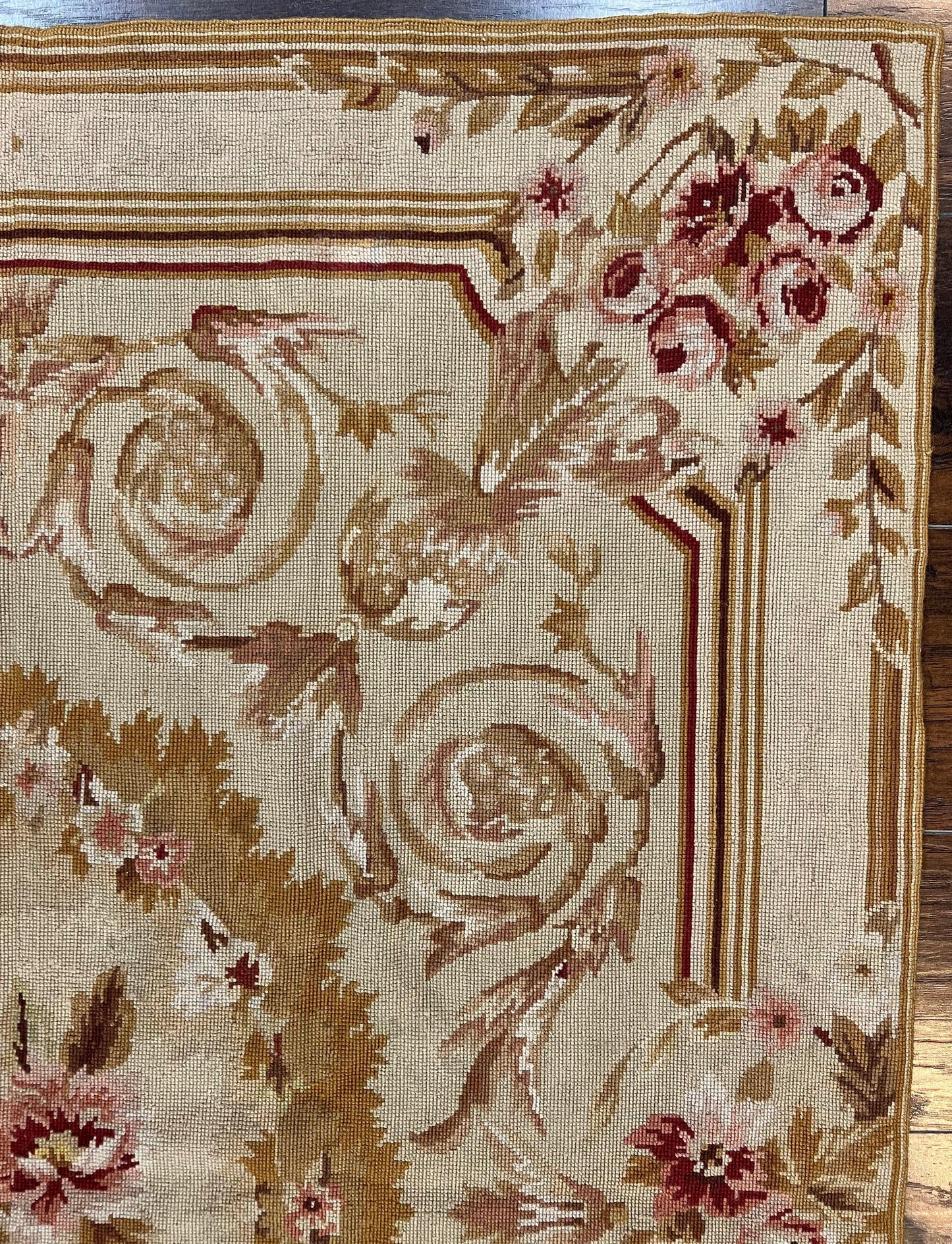 Aubusson Needlepoint Rug 4x5 Ft Beige Tan Vintage Wool Floral Rose European Design
