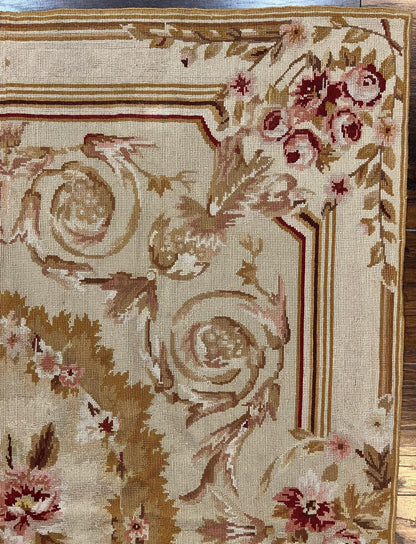 Aubusson Needlepoint Rug 4x5 Ft Beige Tan Vintage Wool Floral Rose European Design