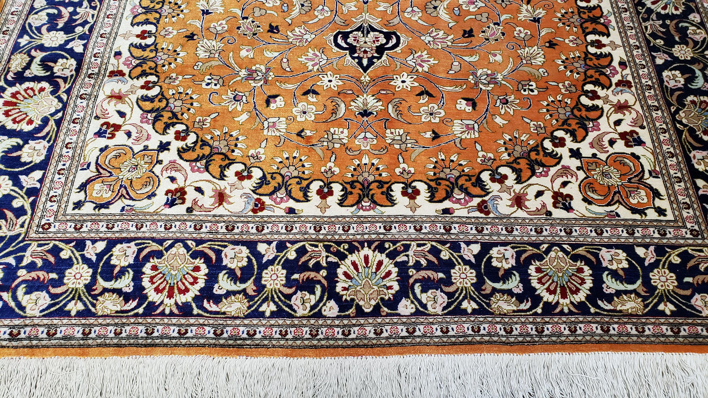 Vintage Persian Qum Silk Rug 4.6x6.7 Burnt Orange Navy Blue Antique Oriental Signature Master Weaver 350 KPSI