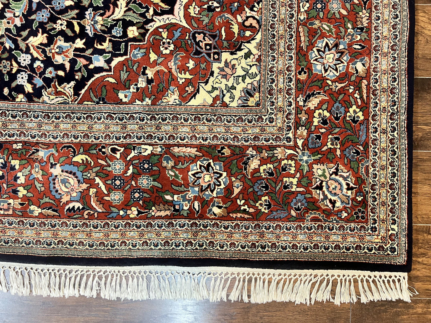 Indo Persian Rug 8x10 Floral Medallion Vintage Handmade Wool Carpet Navy Blue Red 300 KPSI