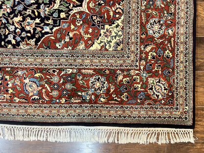 Indo Persian Rug 8x10 Floral Medallion Vintage Handmade Wool Carpet Navy Blue Red 300 KPSI