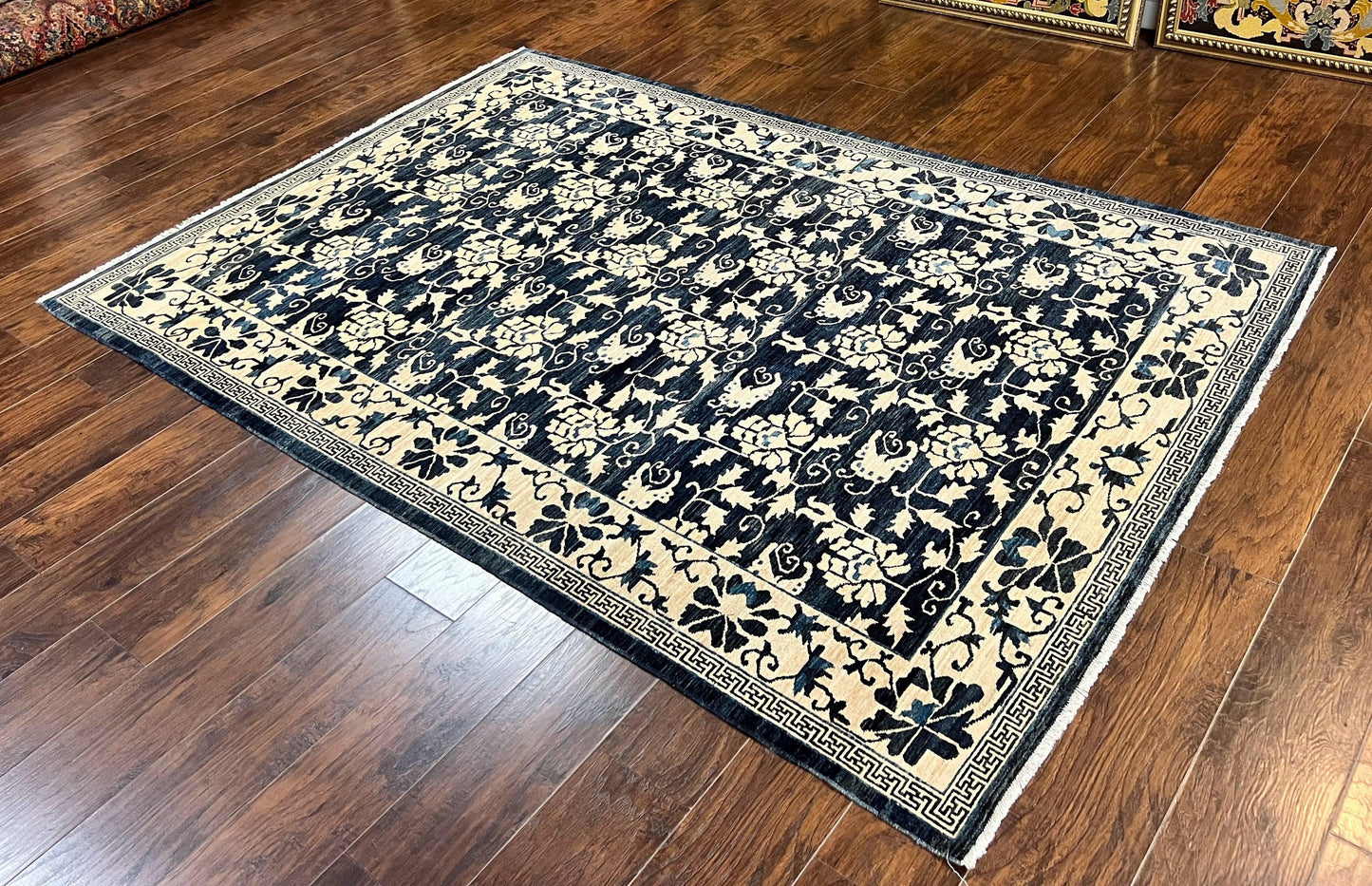 Sino Persian Rug Hand Knotted Wool Carpet 6x9 Floral Allover Blue Cream Tan