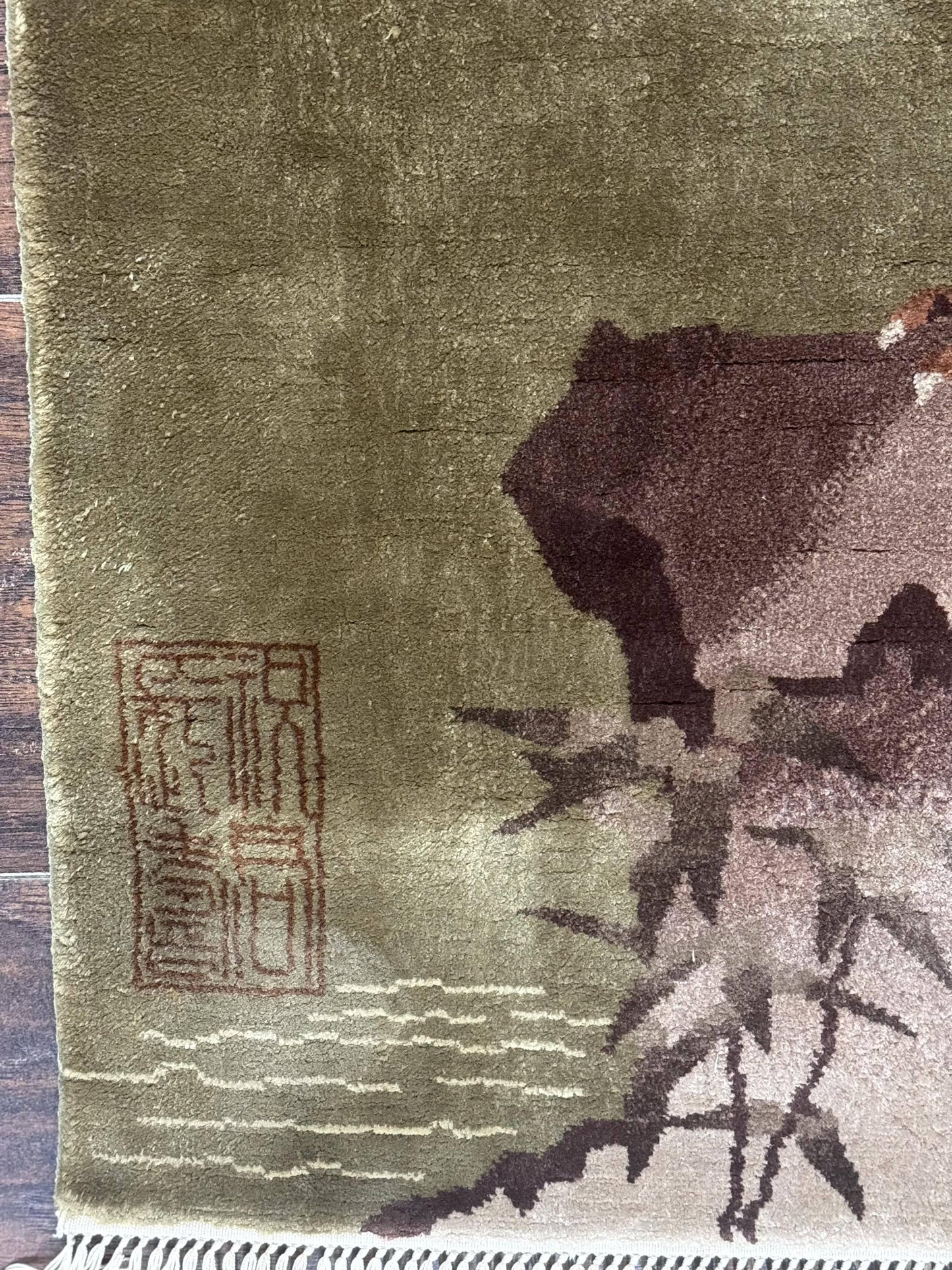 Silk Chinese Wall Hanging 2x4, Vintage Antique, Handmade, Bird on Mountain, Rug Tapestry