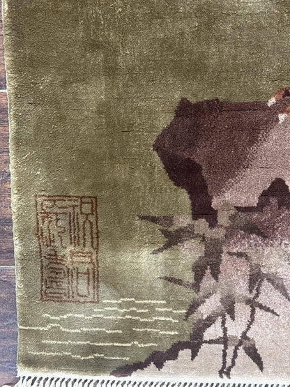 Silk Chinese Wall Hanging 2x4, Vintage Antique, Handmade, Bird on Mountain, Rug Tapestry