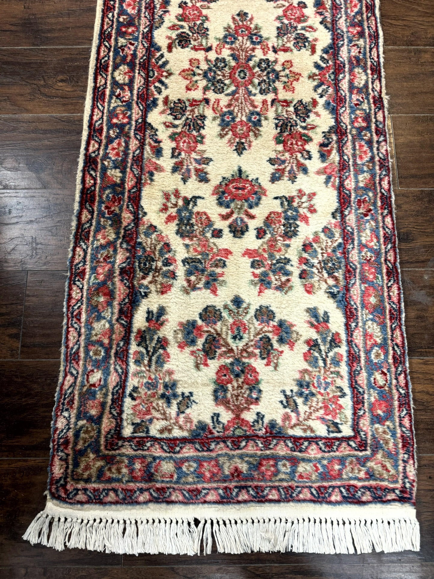 Persian Sarouk Runner Rug Handmade Wool Floral Hallway Ivory