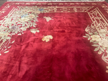 Chinese Wool Rug 12x18 Palace Size Vintage Hand Knotted Red With Butterflies And Flowers