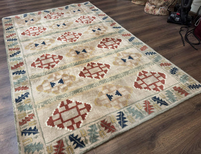 Geometric Design Area Rug 5x8, Beige and Rust Red