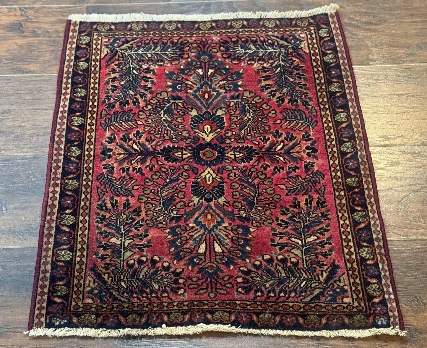 Antique Persian Sarouk Rug 2x2 Ft Wool Red