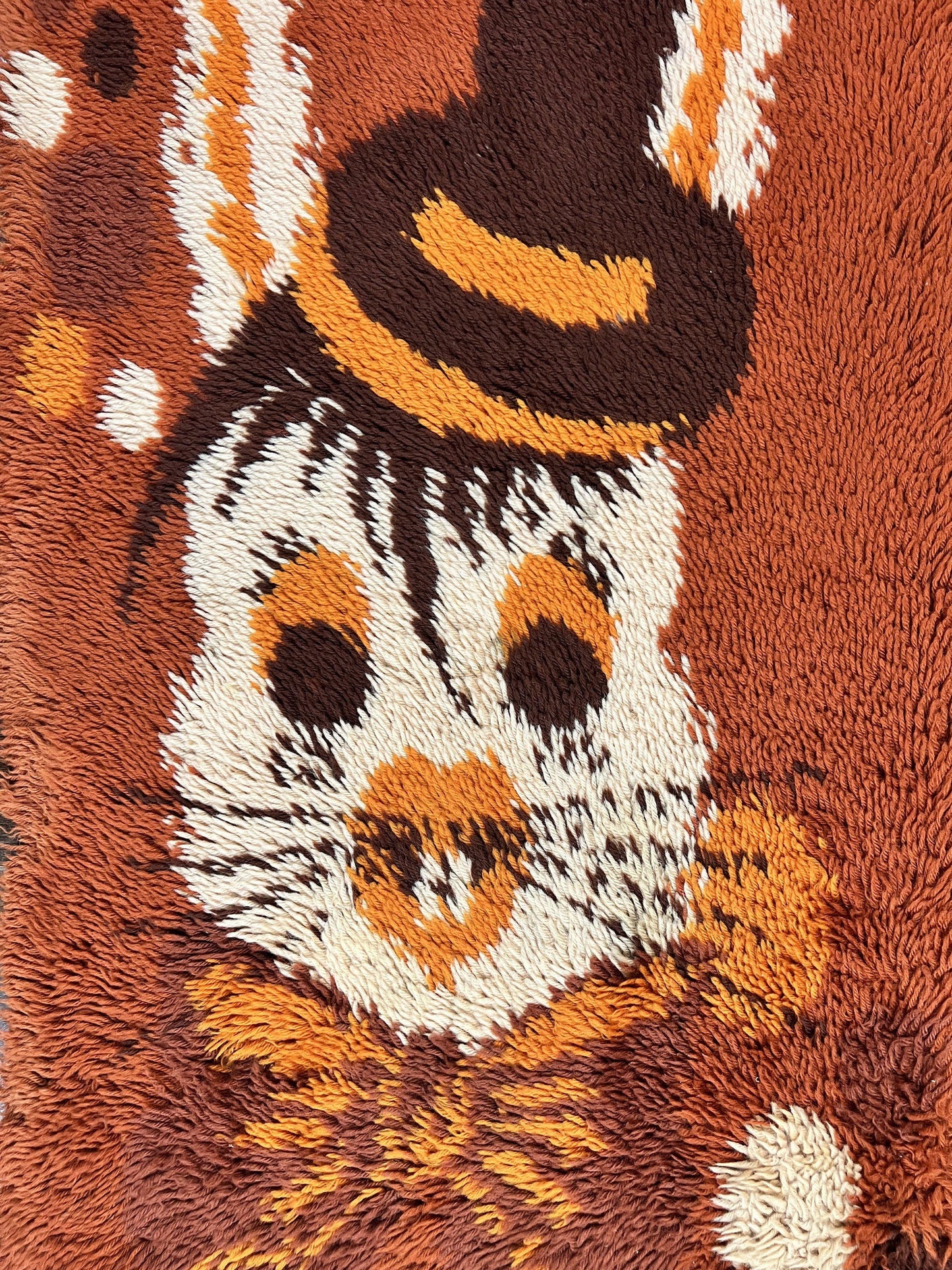 Rya Shag Rug 2x4, Rabbit in Top Hat, Wool, Orange, Vintage 1960s Danish Shag Rug