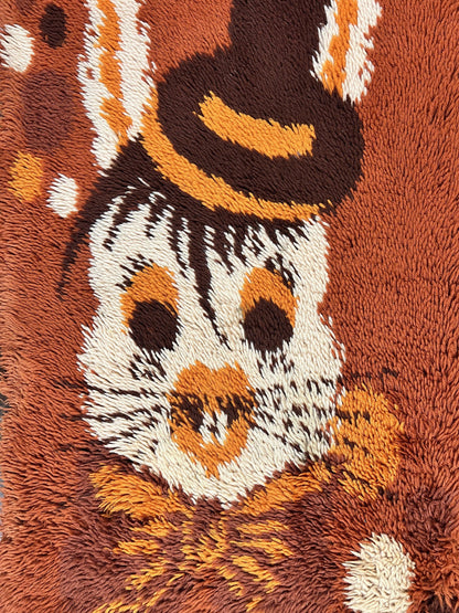 Rya Shag Rug 2x4, Rabbit in Top Hat, Wool, Orange, Vintage 1960s Danish Shag Rug