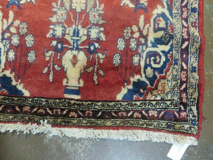 Persian Runner Rug 3 x 12, Antique Wool Oriental Runner, Floral Vases, Red & Navy Blue