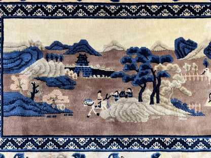 Chinese Pictorial Rug Antique Handmade 2.7x5 Village and Hills Beige Blue Wall Hanging Tapestry