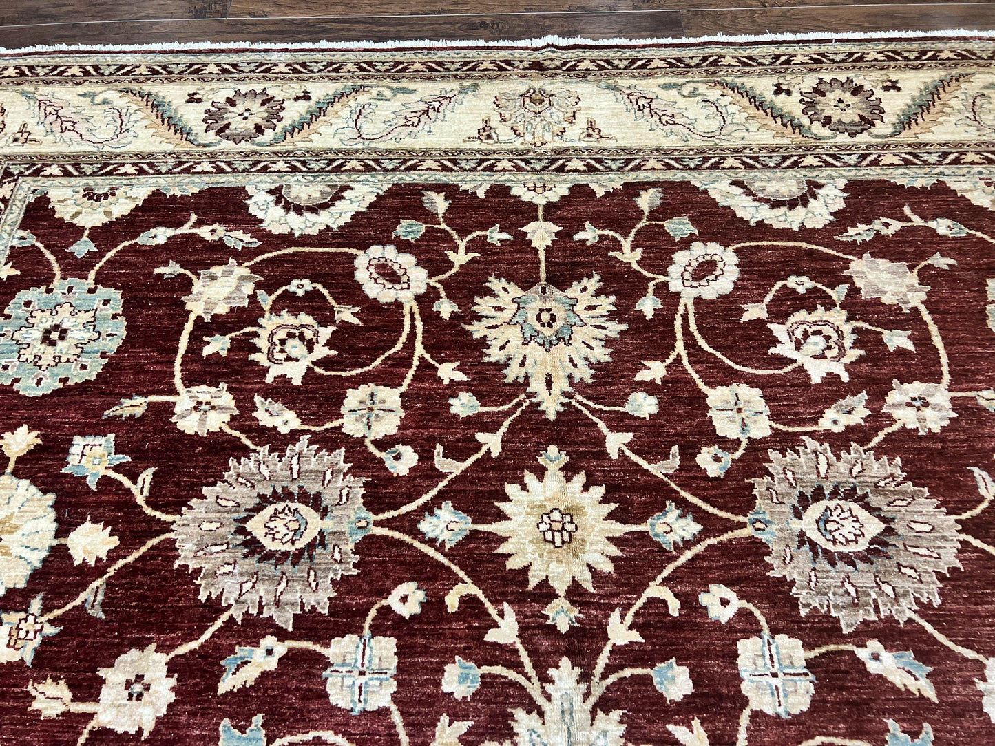 Peshawar Rug 9x11, Pakistani Oriental Carpet, Maroon and Beige, Floral Allover, Wool Hand Knotted Handmade Vintage Rug