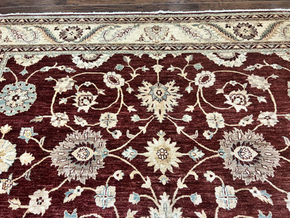 Peshawar Rug 9x11, Pakistani Oriental Carpet, Maroon and Beige, Floral Allover, Wool Hand Knotted Handmade Vintage Rug
