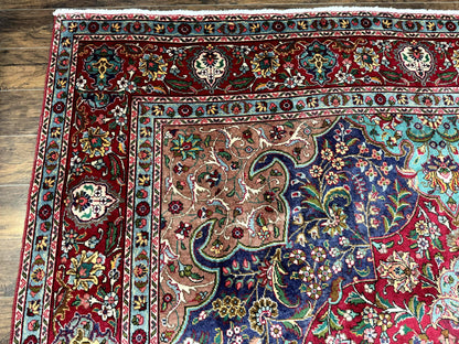 Wonderful Persian Tabriz Rug 10x14, Antique Persian Carpet, Handmade Wool Rug, Floral Medallion, Red Navy Blue, Colorful, Large Persian Area Rug