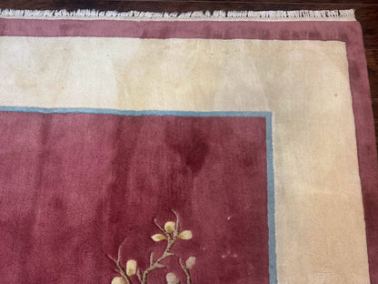 Indo Chinese Art Deco Rug 9x12, Pink and Ivory, Open Filed, Floral, Wool
