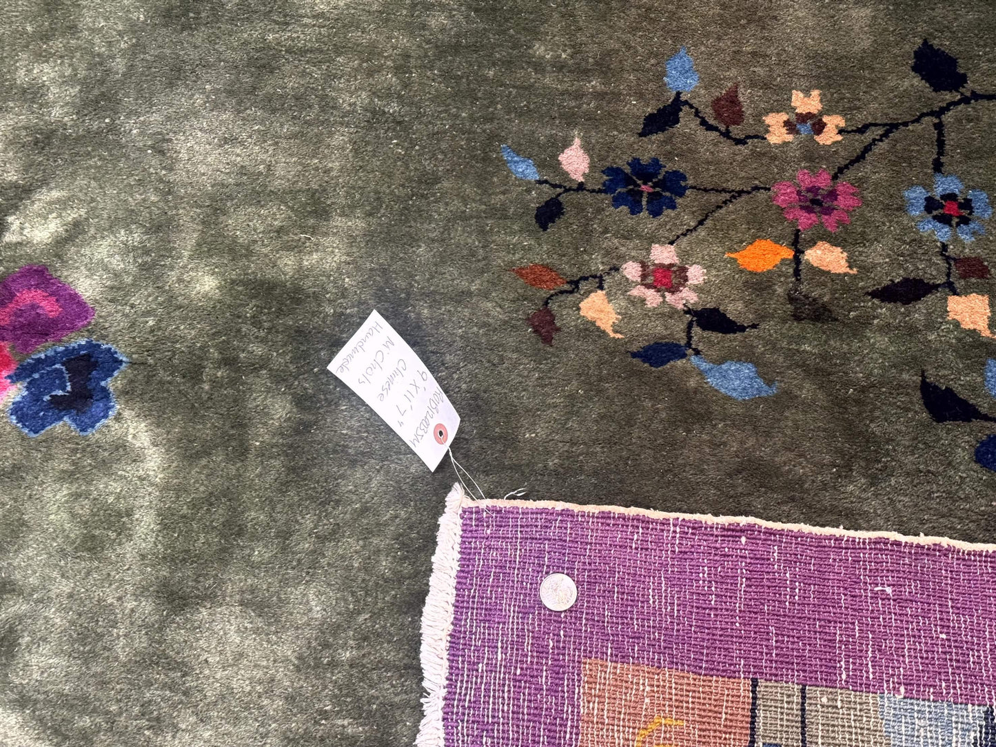 Antique Chinese Nichols Rug 9x12 Rare Green and Purple Art Deco Carpet