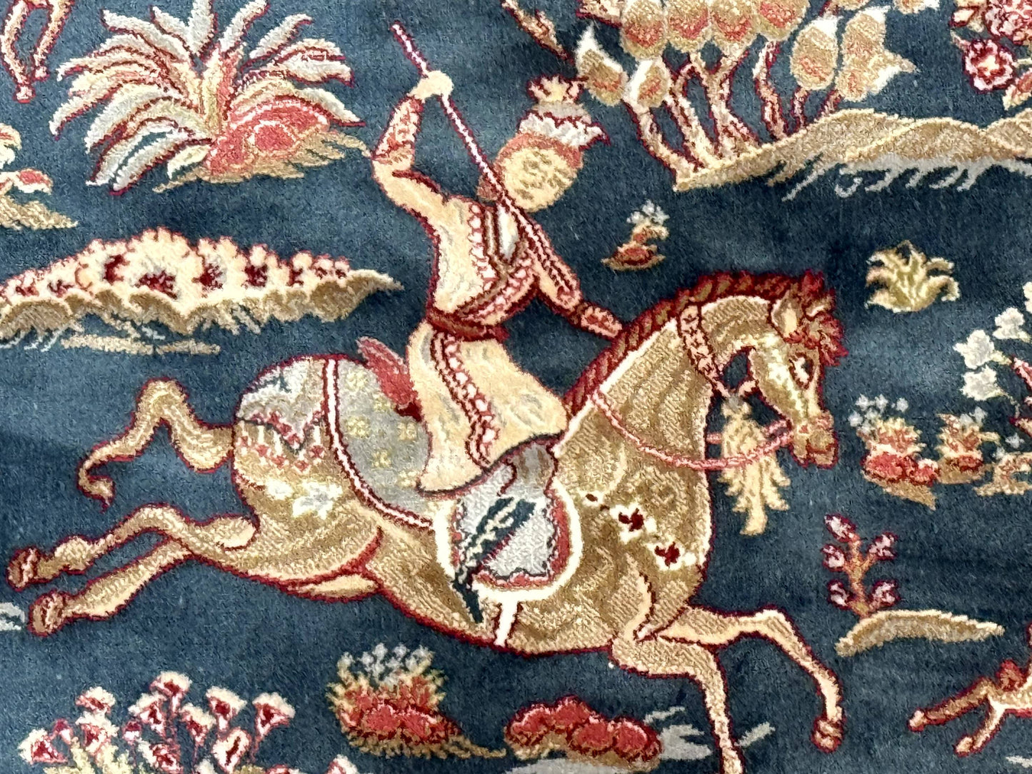 Turkish Silk Hunting Design Rug 4x6 in Dark Steel Blue and Ivory, Bamboo Silk