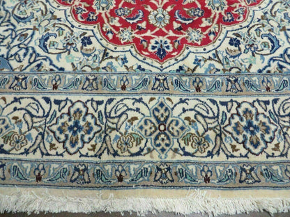 Square Persian Nain Rug 6ft 3in By 6ft 8in Hand Knotted Wool Silk Accents Ivory Red Blue