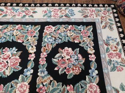 Floral Needlepoint Rug 9.5 x 13.6, Floral Panel Design, Black and Ivory Flatweave Aubusson Carpet, Multicolor