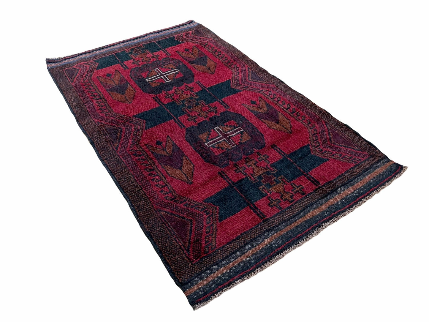 Balouchi Rug Vintage Hand Knotted Afghan Wool Tribal Area Rug Red Black
