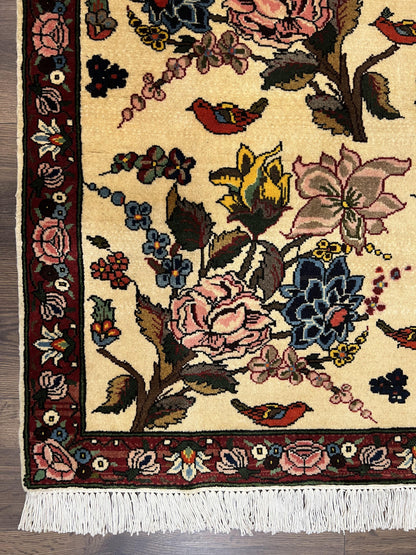 Persian Bidjar Rug 3.6 x 5 ft, Repeated Floral Motifs, Roses and Birds, Cream Burgundy, Fine Wool Oriental Bijar Carpet, Vintage Traditional Area Rug