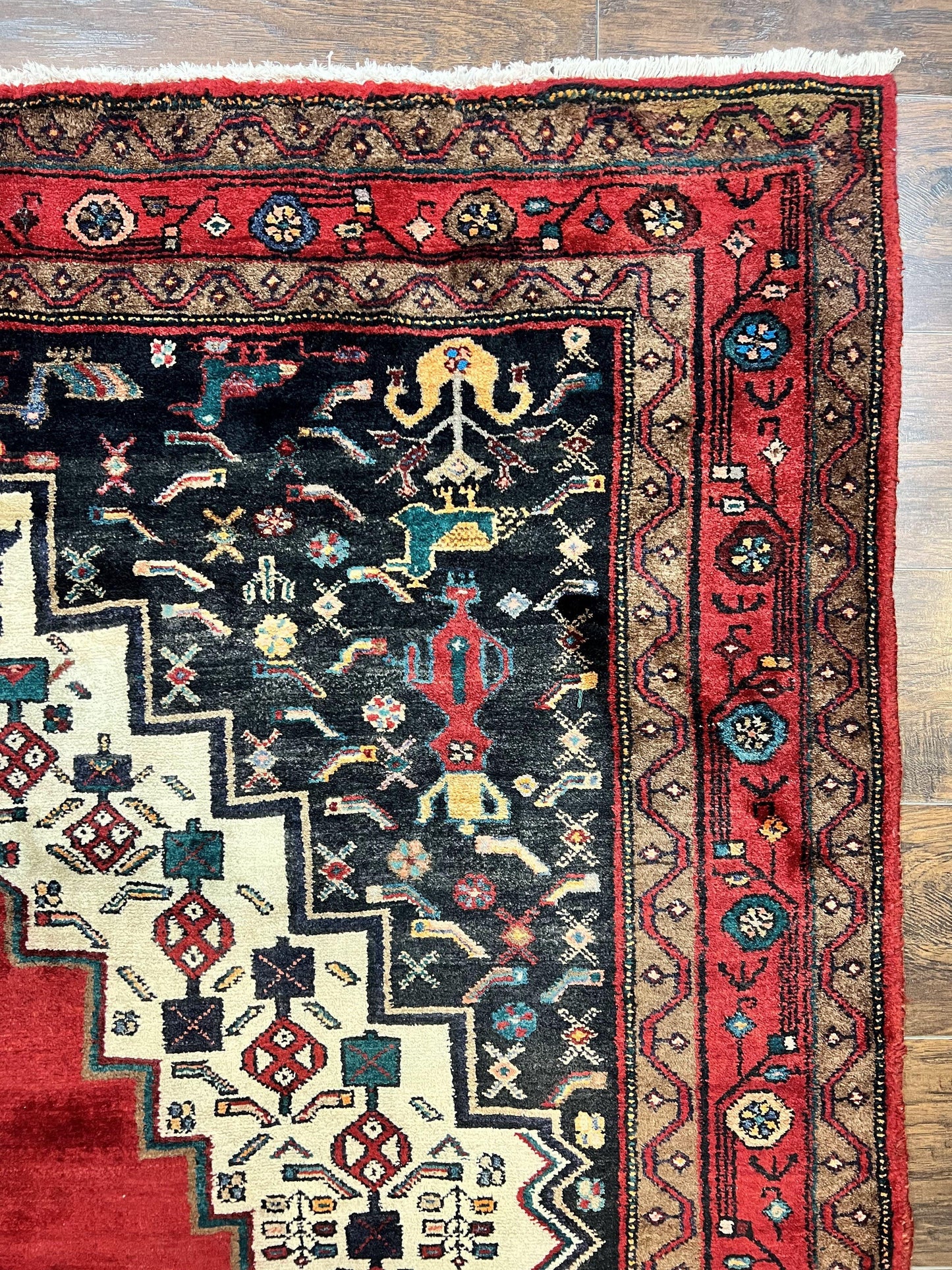 Persian Rug Hand Knotted 5x12 Ft Red Cream Navy Bidjar Geometric Runner