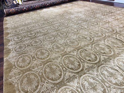 Tibetan Rug 12x15, Wool Hand Knotted Carpet, Odegard Rug, Birds, Olive Green, 12 x 15 Oversized Handmade Contemporary Area Rug, Extra Large