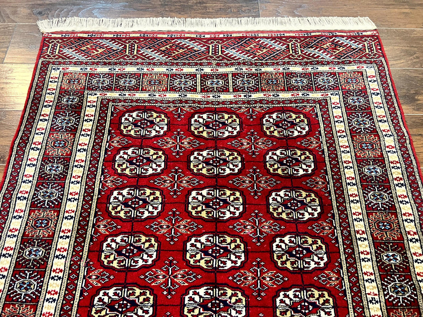 Pakistani Bokhara Rug 4x6, Red Turkoman Carpet, Finely Hand Knotted, Wool Vintage Rug