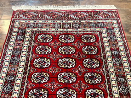 Pakistani Bokhara Rug 4x6, Red Turkoman Carpet, Finely Hand Knotted, Wool Vintage Rug