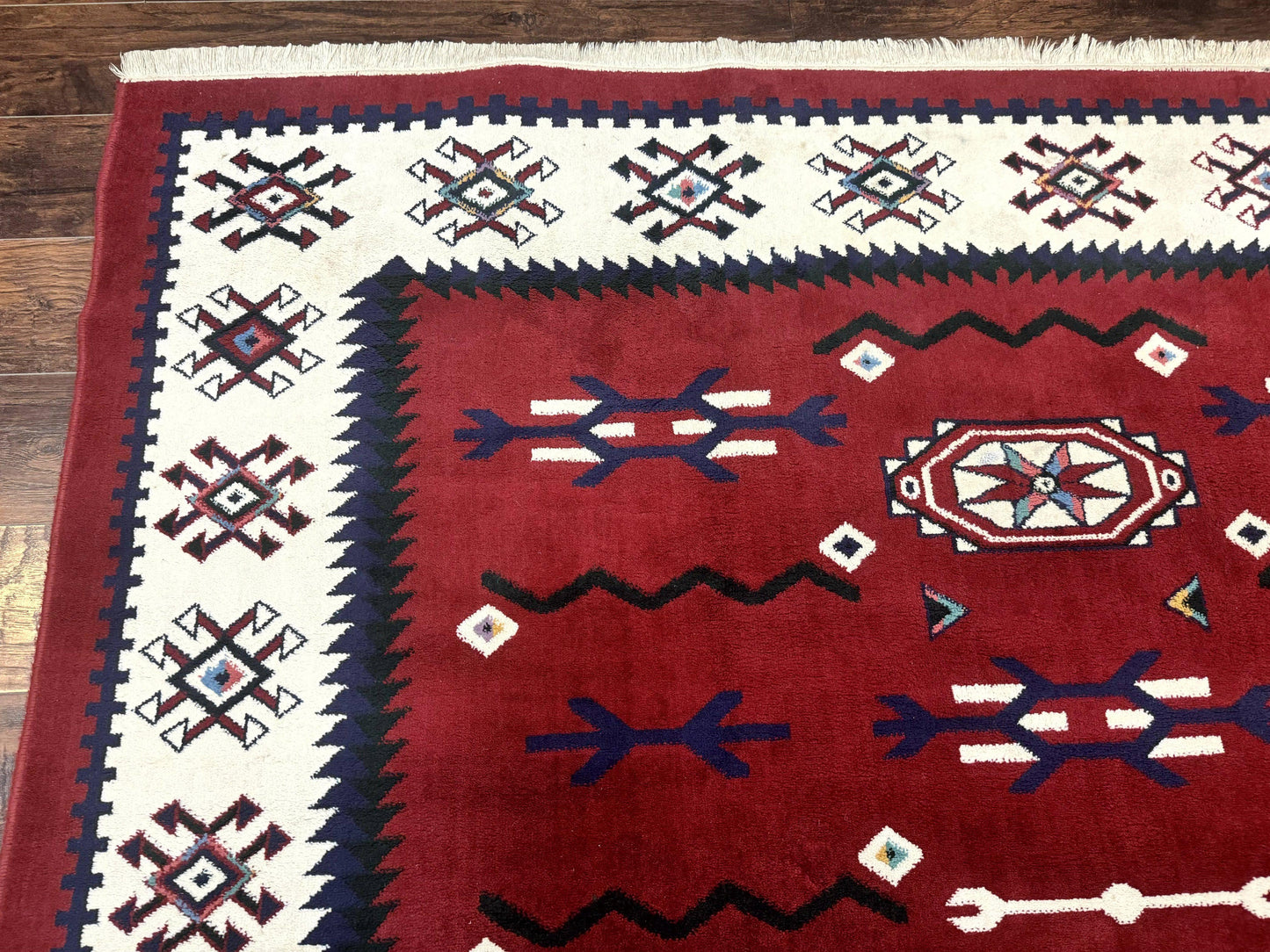 Power Loomed Navajo Area Rug 8x11 Dark Red Ivory Bohemian Tribal Design