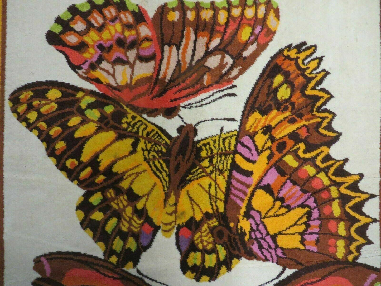 Hand Knotted Wool Rug 4x6 Butterfly Design Spanish Made Vintage 1980s