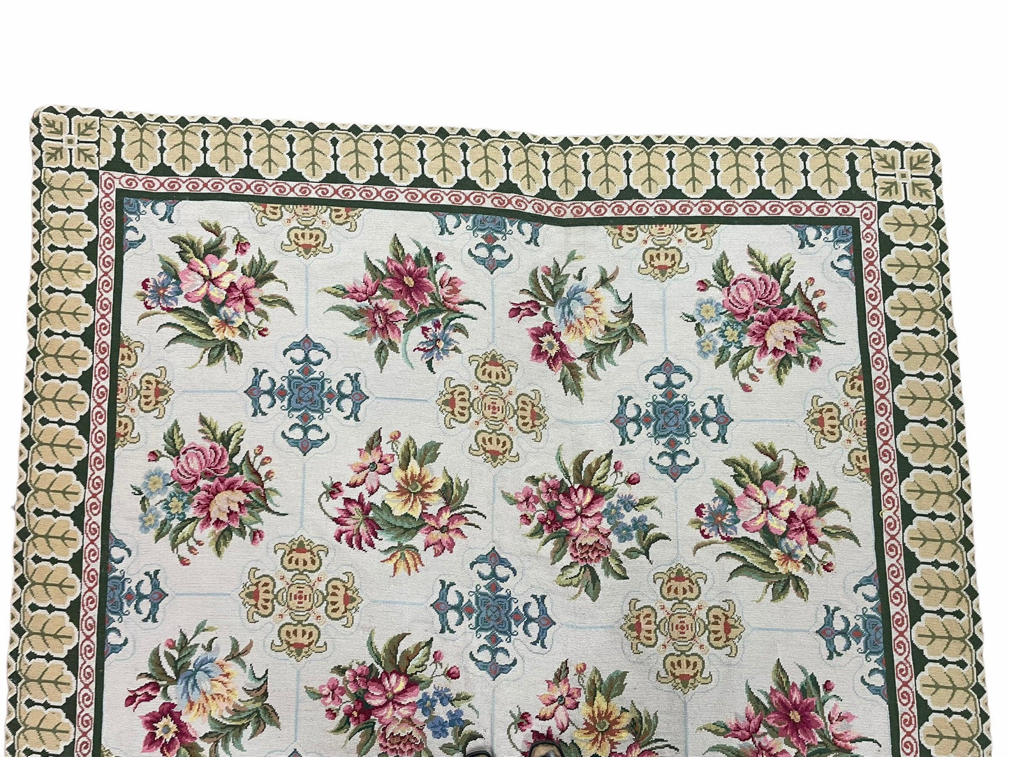 Hand-Knotted Needlepoint Carpet 6x9, Ivory/Cream Background, Colorful Flowers, Yellow Border, Aubusson Rug 6 x 9, New, Handmade