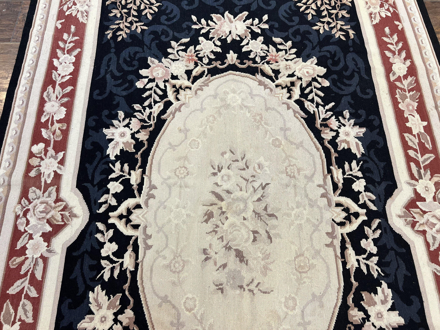 Needlepoint Rug 5x8 Wool Handmade Vintage European Aubusson Flatweave Rug Black and Maroon