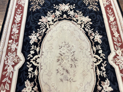 Needlepoint Rug 5x8 Wool Handmade Vintage European Aubusson Flatweave Rug Black and Maroon