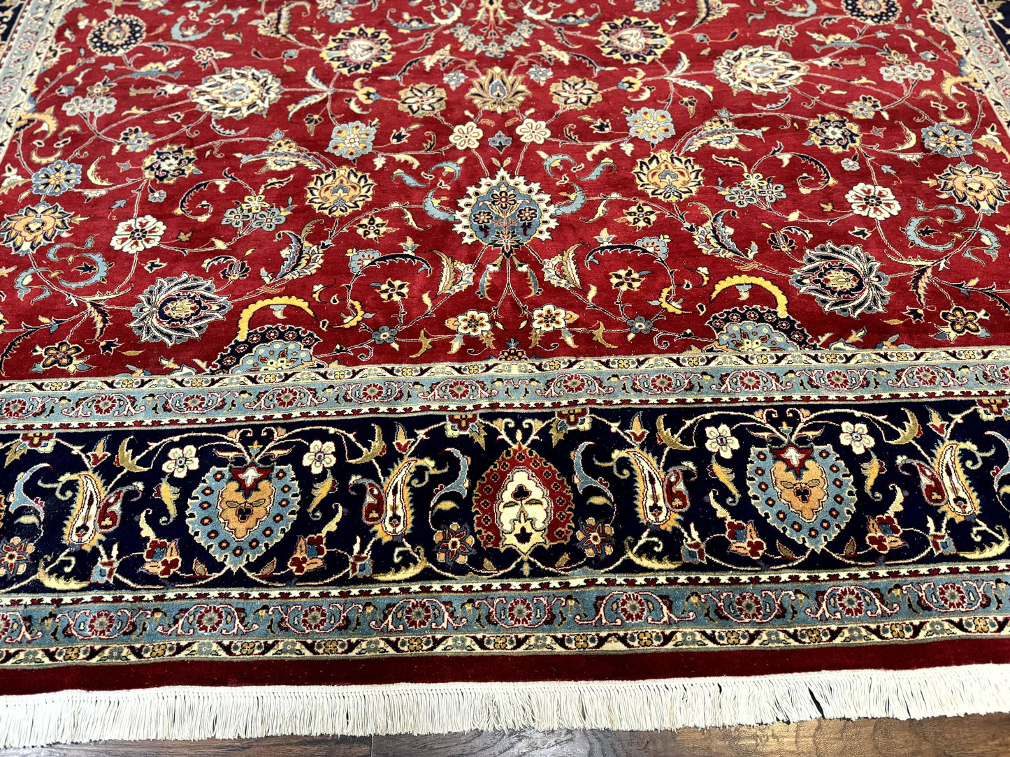 Hand Knotted Persian Rug 9x12 Red Navy Blue Floral Wool Vintage 260 KPSI Carpet