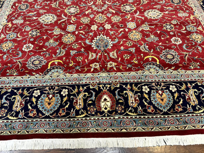 Hand Knotted Persian Rug 9x12 Red Navy Blue Floral Wool Vintage 260 KPSI Carpet