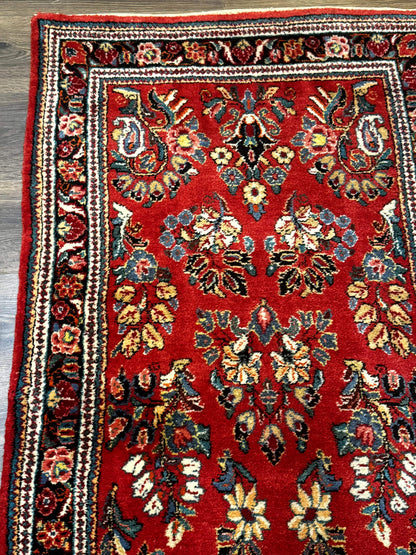 Persian Sarouk Runner Rug 3x12, Red Floral 3 x 12ft Runner, Vintage, Wool