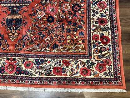 Persian Sarouk Rug 7x10 Red Ivory Floral Bouquets With Birds