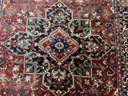 Antique Persian Heriz Rug 8x11, Geometric Tribal Wool Carpet, Brick Red