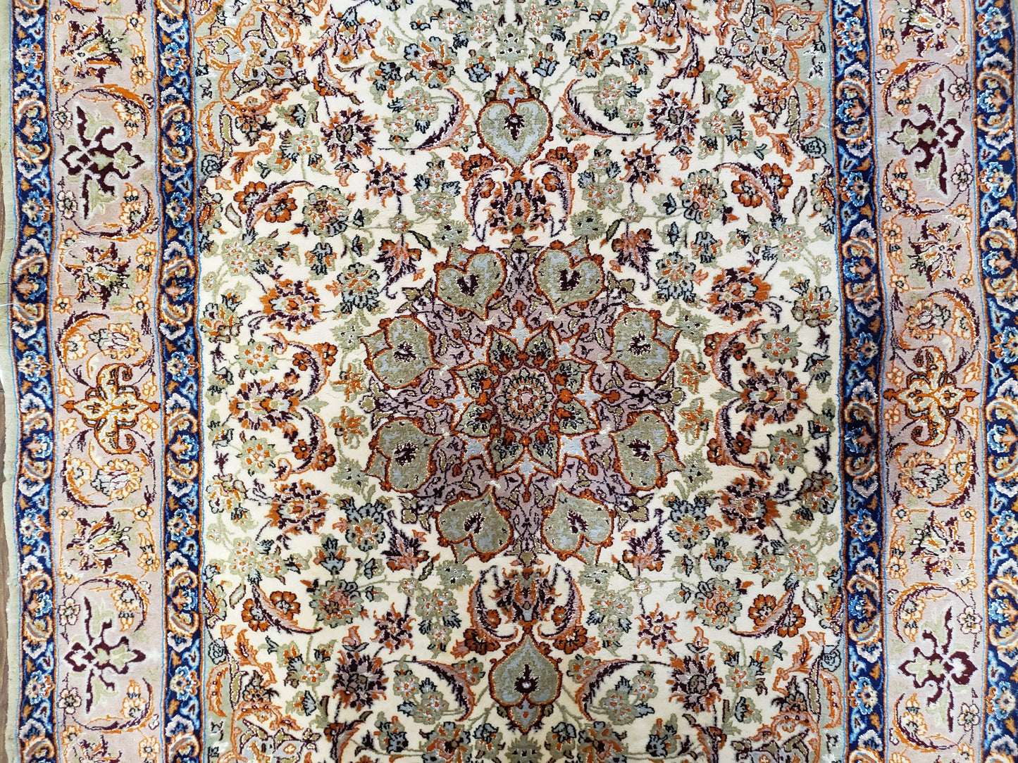 Premium Persian Isfahan Lachak Toranj Rug Hand Knotted Kork Wool On Silk Beige And Dark Blue 3 Ft 6 In By 5 Ft 4 In