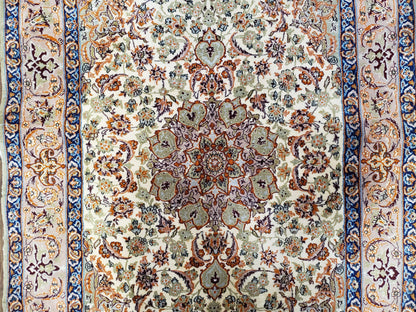 Premium Persian Isfahan Lachak Toranj Rug Hand Knotted Kork Wool On Silk Beige And Dark Blue 3 Ft 6 In By 5 Ft 4 In