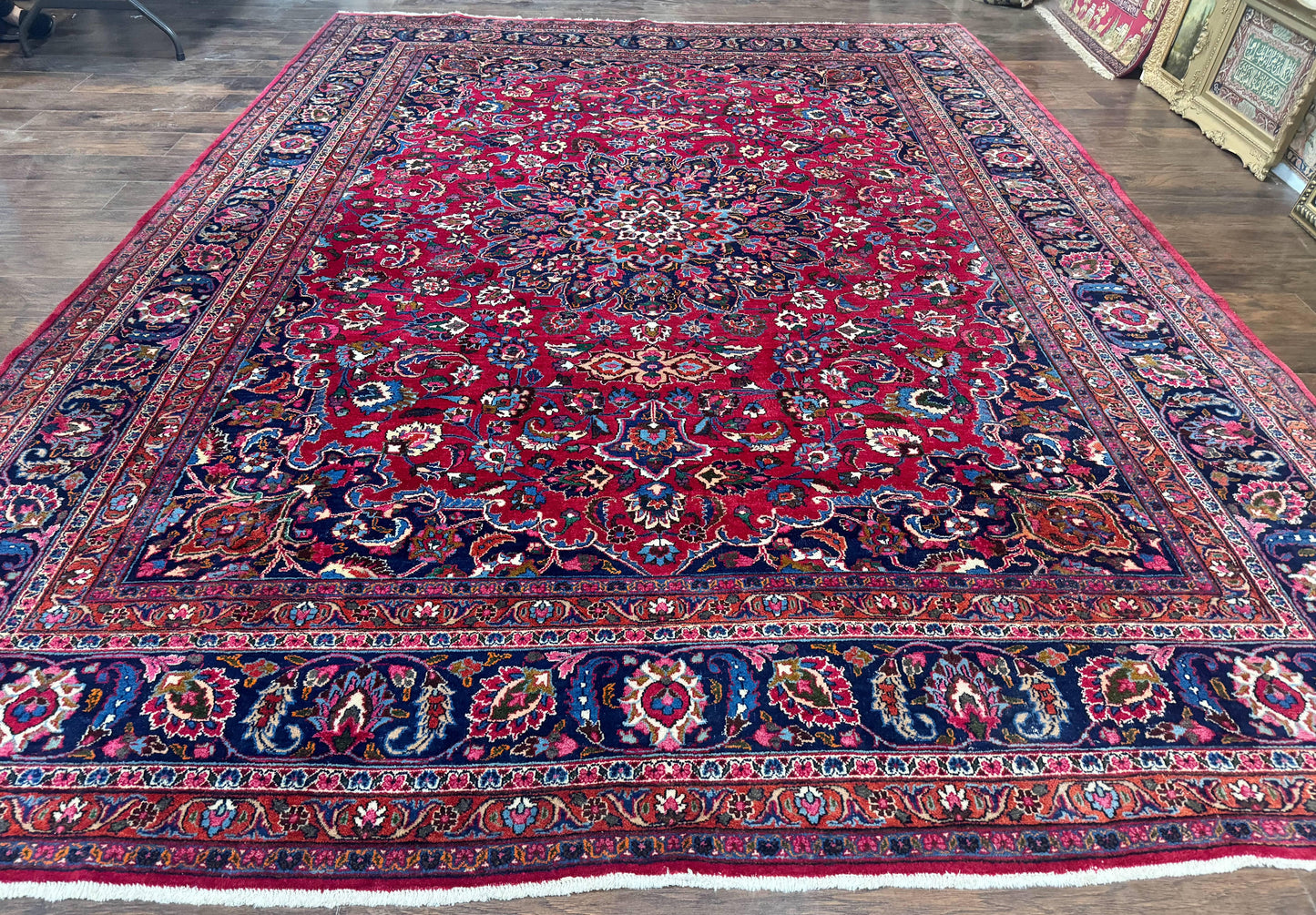 Antique Persian Mashad Rug 10x13, Red and Navy Blue, Great Colors, Signed By Masterweaver, Floral Medallion, Handmade Wool Persian Carpet