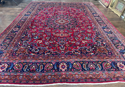 Antique Persian Mashad Rug 10x13, Red and Navy Blue, Great Colors, Signed By Masterweaver, Floral Medallion, Handmade Wool Persian Carpet