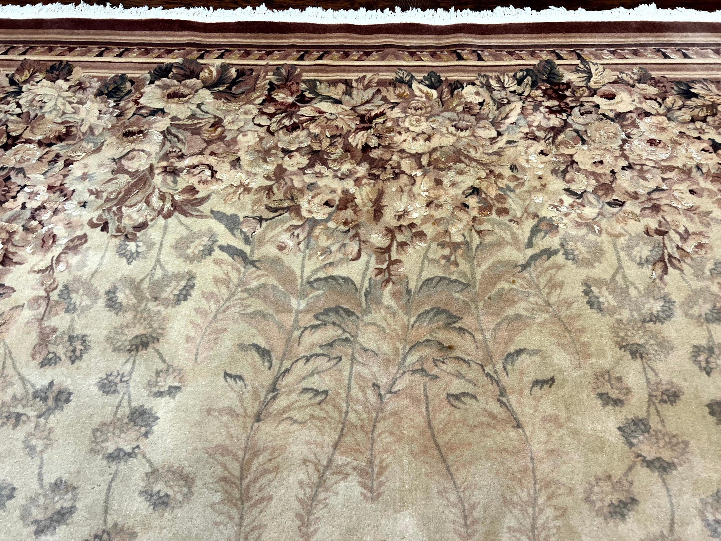 Aubusson Wool Rug 9x11 With Silk Highlights European Vintage Handmade Floral Design