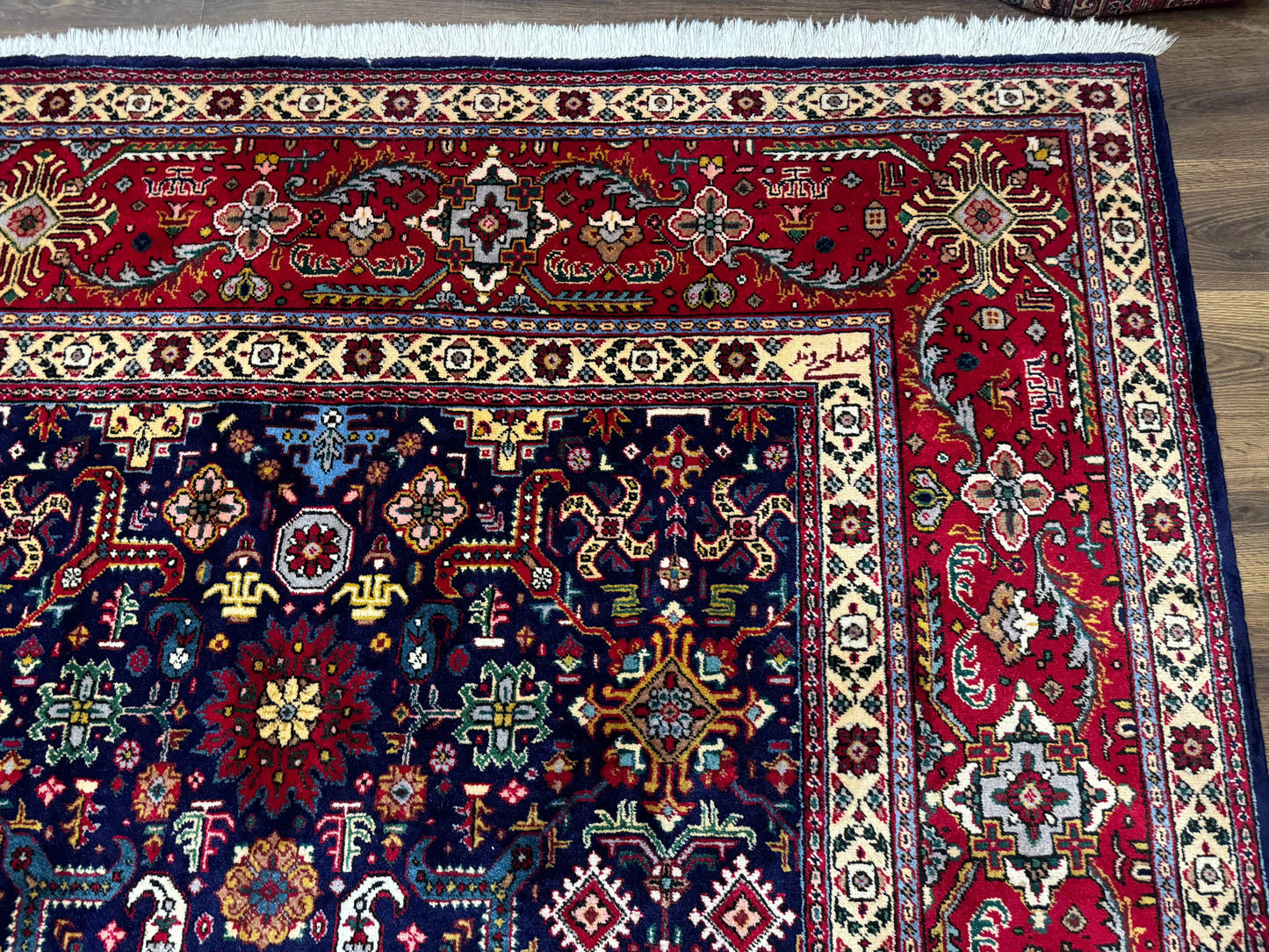Large Persian Tabriz Rug 10x16 Navy Blue And Red Allover Pattern Hand Knotted Wool Carpet