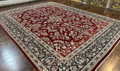 Indo Persian Sarouk Rug 9x12, Floral Allover, Dark Red & Navy Blue, Handmade Vintage Wool Carpet