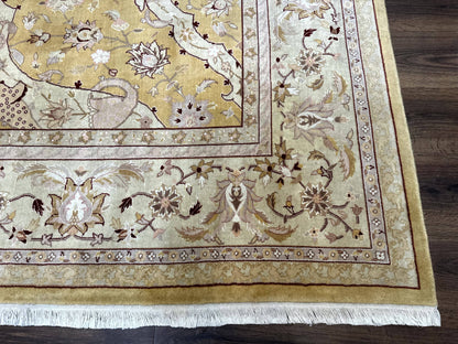 Sino Persian Rug 8x11, Wool with Silk Highlights, Unique Colors, Gold and Light Green, Fine 240 KPSI